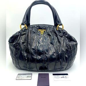 Auth Prada Black Patent Leather Whipstitch Tonal Stripe Satchel Lightweight